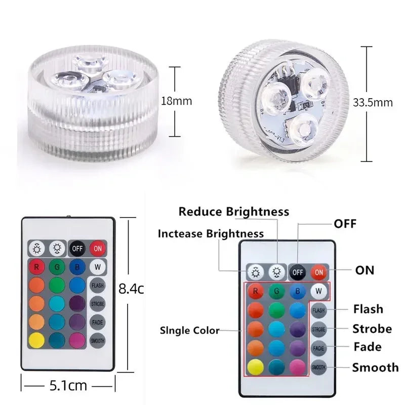 16 Colors RGB Underwater Light IP68 Waterproof Swimming Pool Light RF Remote Control Submersible Night Lights for Pond Vase