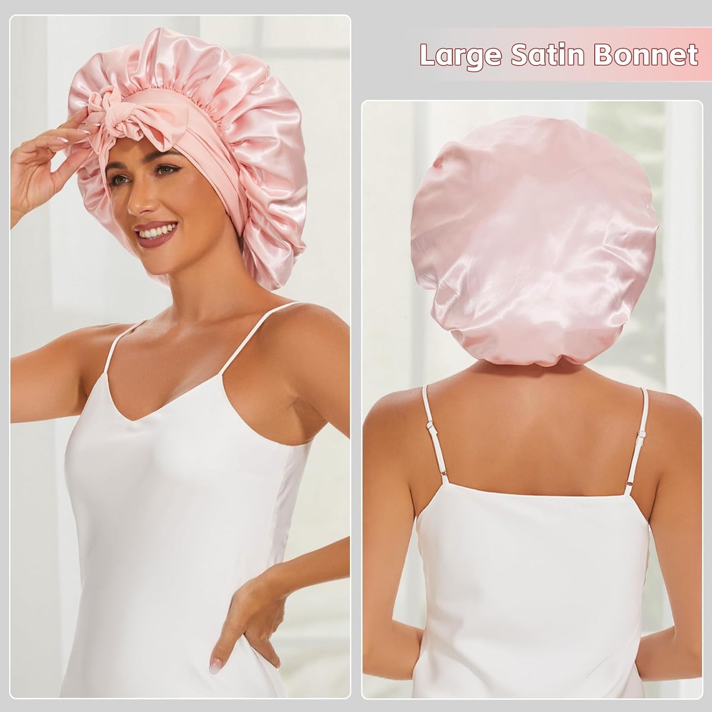 Satin Silk Bonnet for Sleeping Women, Extra Double Layer with Adjustable Tie Band, Silk Bonnet for Curly Hair Long Braid (Pink) Shower Cap