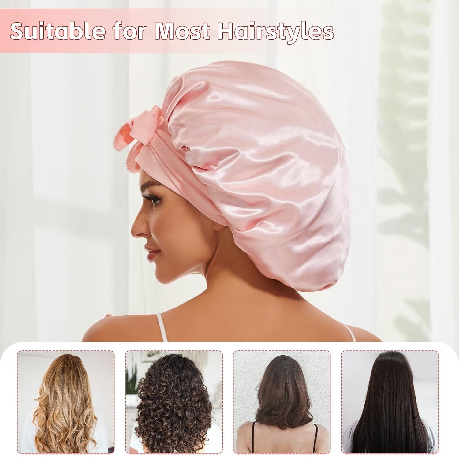 Satin Silk Bonnet for Sleeping Women, Extra Double Layer with Adjustable Tie Band, Silk Bonnet for Curly Hair Long Braid (Pink) Shower Cap