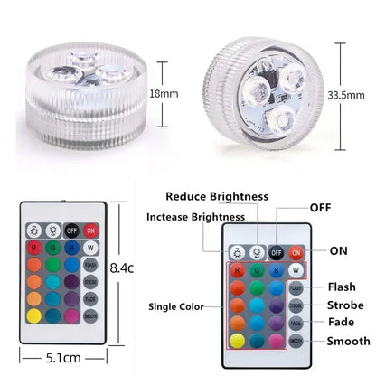 16 Colors RGB Underwater Light IP68 Waterproof Swimming Pool Light RF Remote Control Submersible Night Lights for Pond Vase