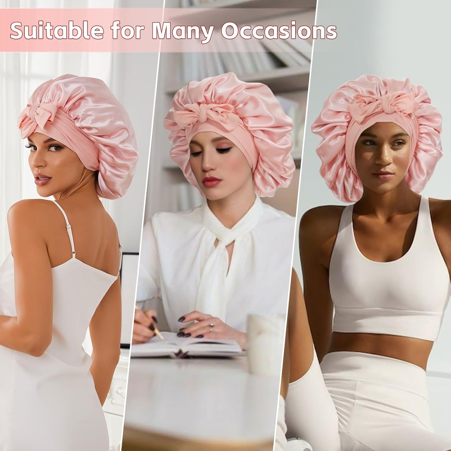 Satin Silk Bonnet for Sleeping Women, Extra Double Layer with Adjustable Tie Band, Silk Bonnet for Curly Hair Long Braid (Pink) Shower Cap