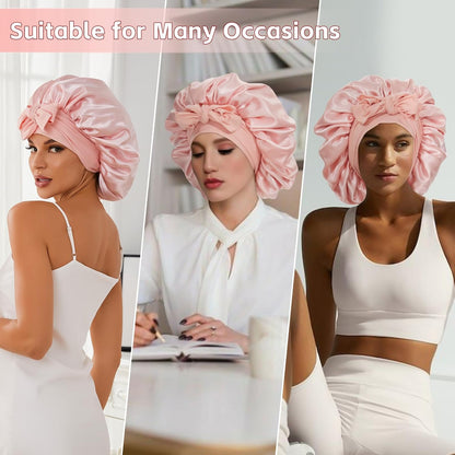 Satin Silk Bonnet for Sleeping Women, Extra Double Layer with Adjustable Tie Band, Silk Bonnet for Curly Hair Long Braid (Pink) Shower Cap